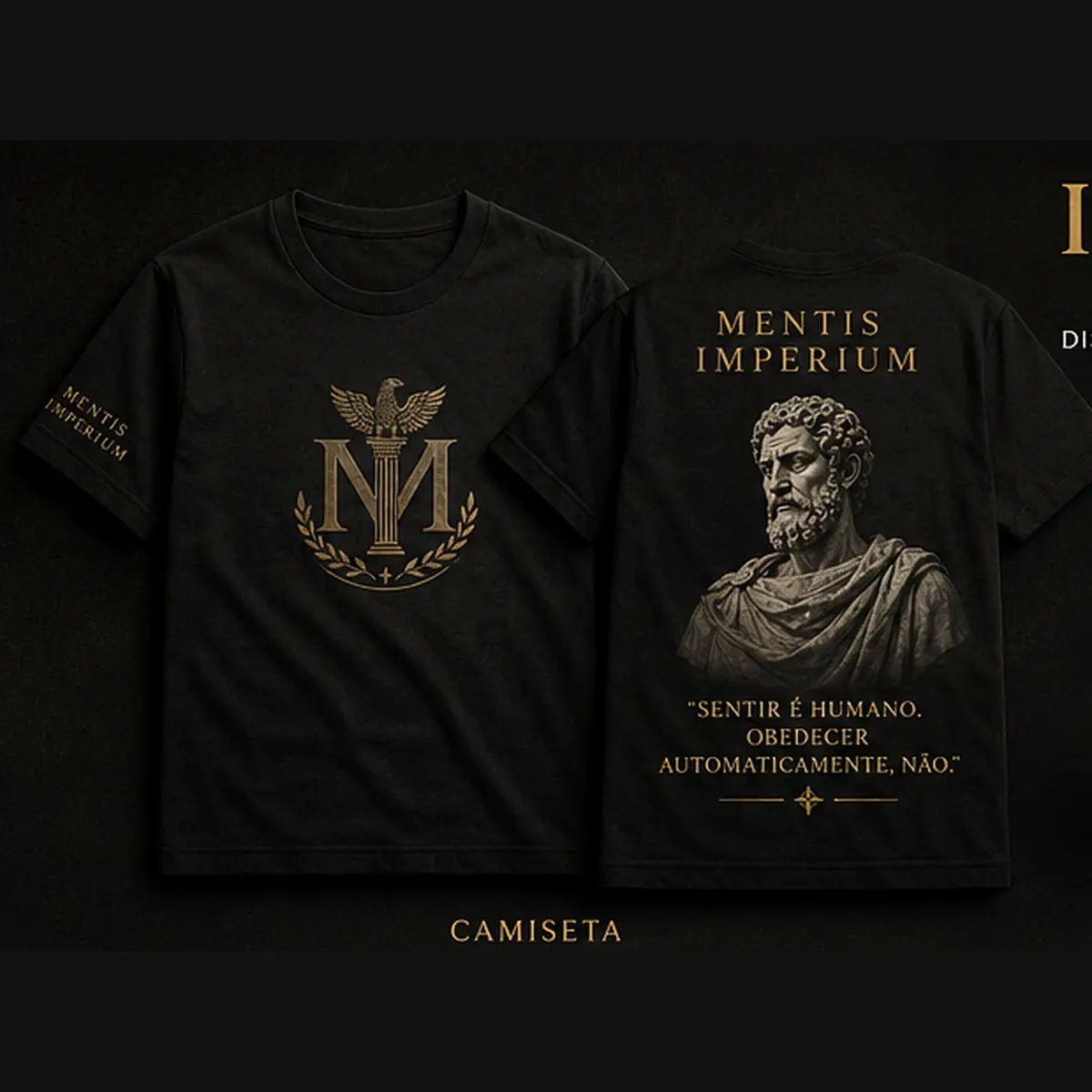 Pessoa usando camiseta preta Mentis diante de arquitetura clássica