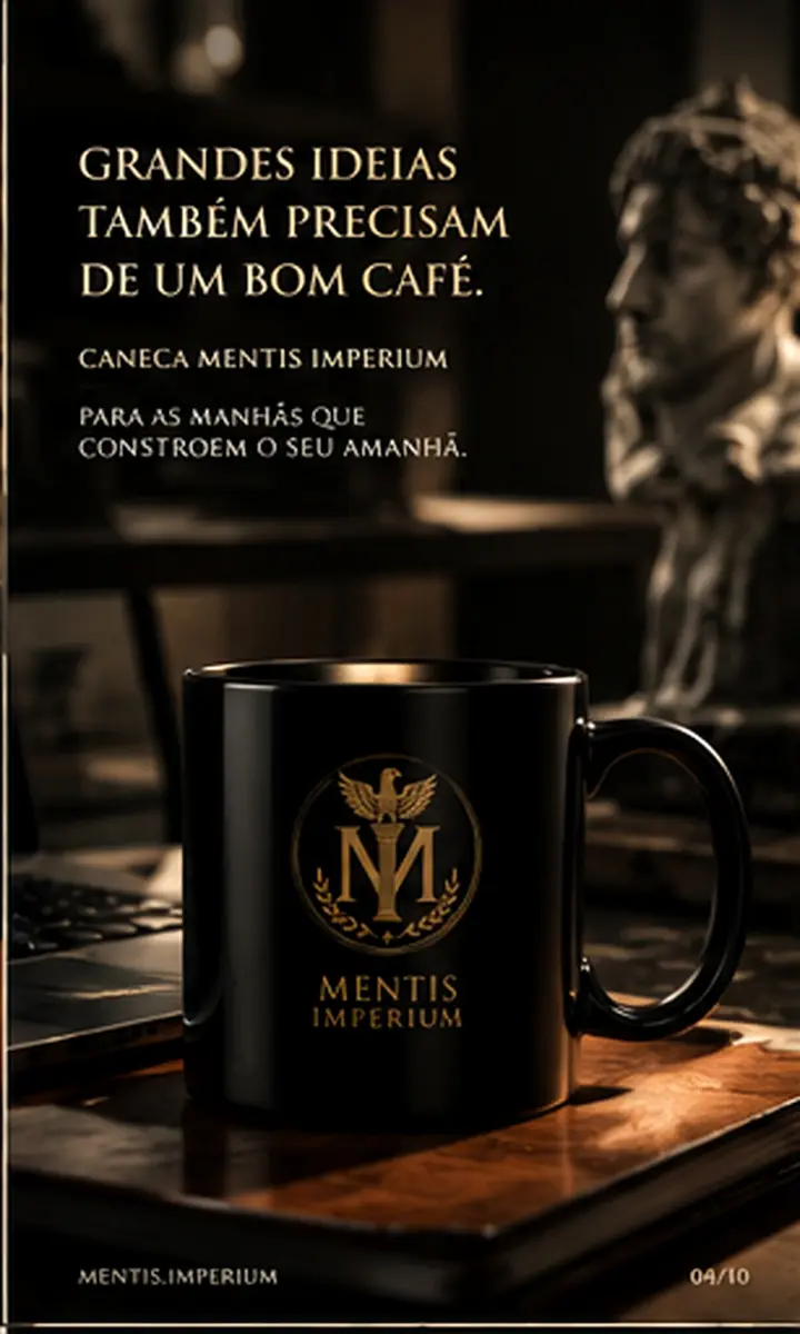 Caneca preta Mentis com emblema dourado sobre fundo escuro