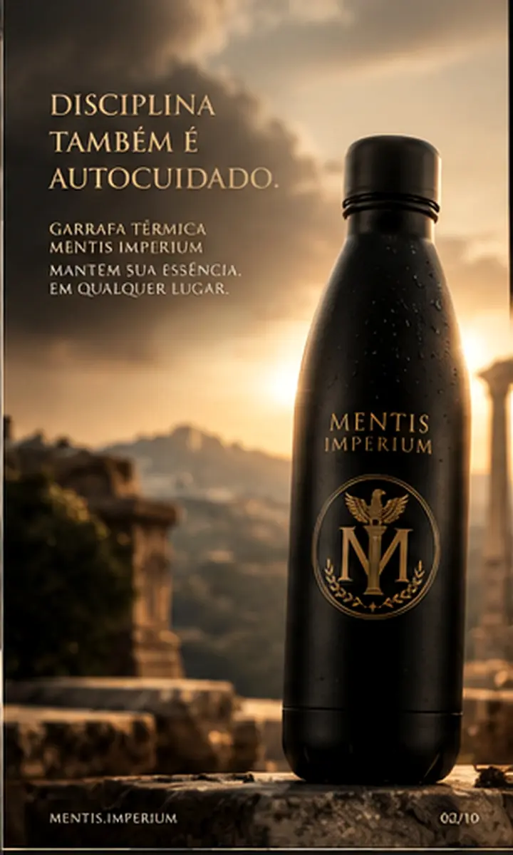 Garrafa preta Mentis diante de uma paisagem clássica