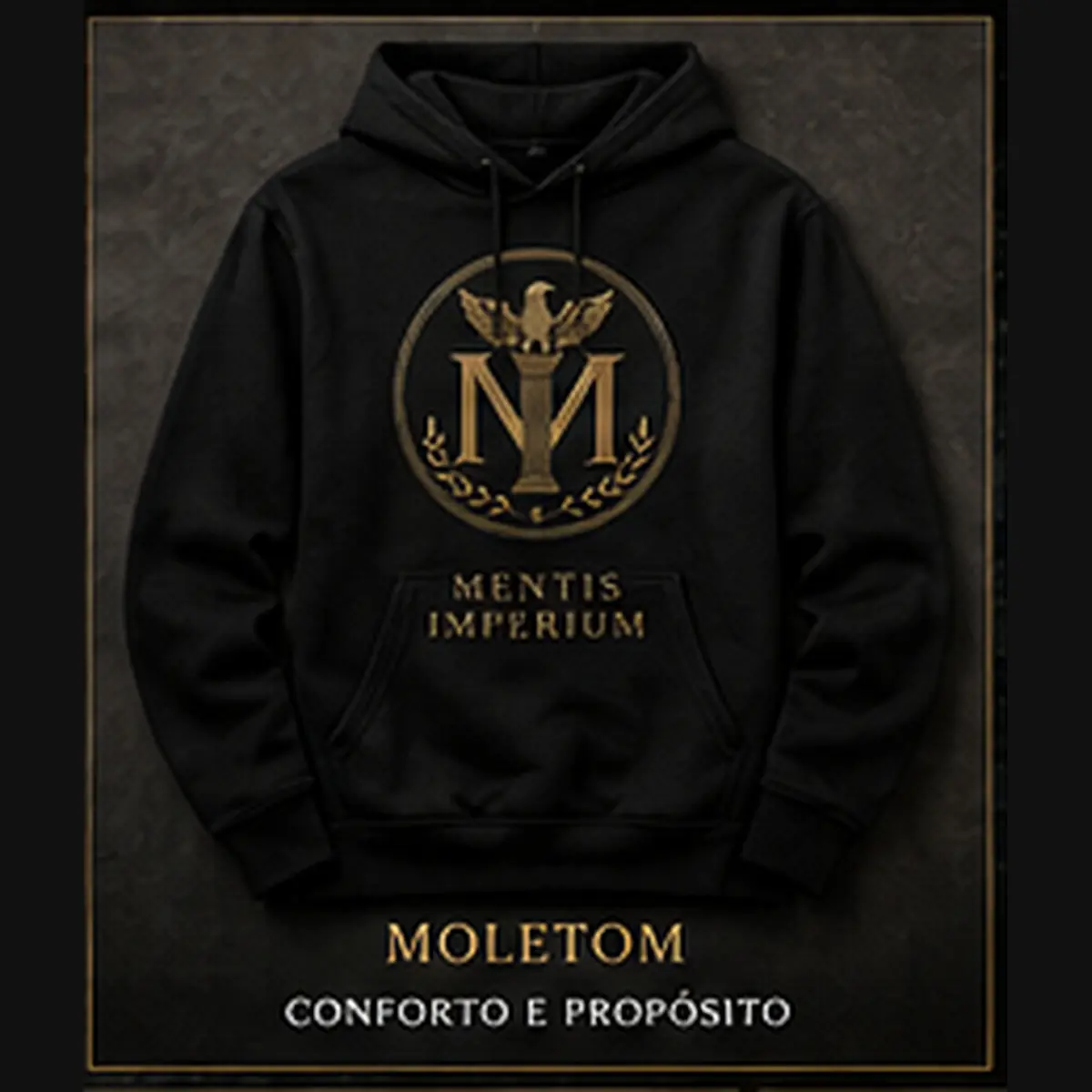 Moletom preto Mentis com emblema dourado em destaque