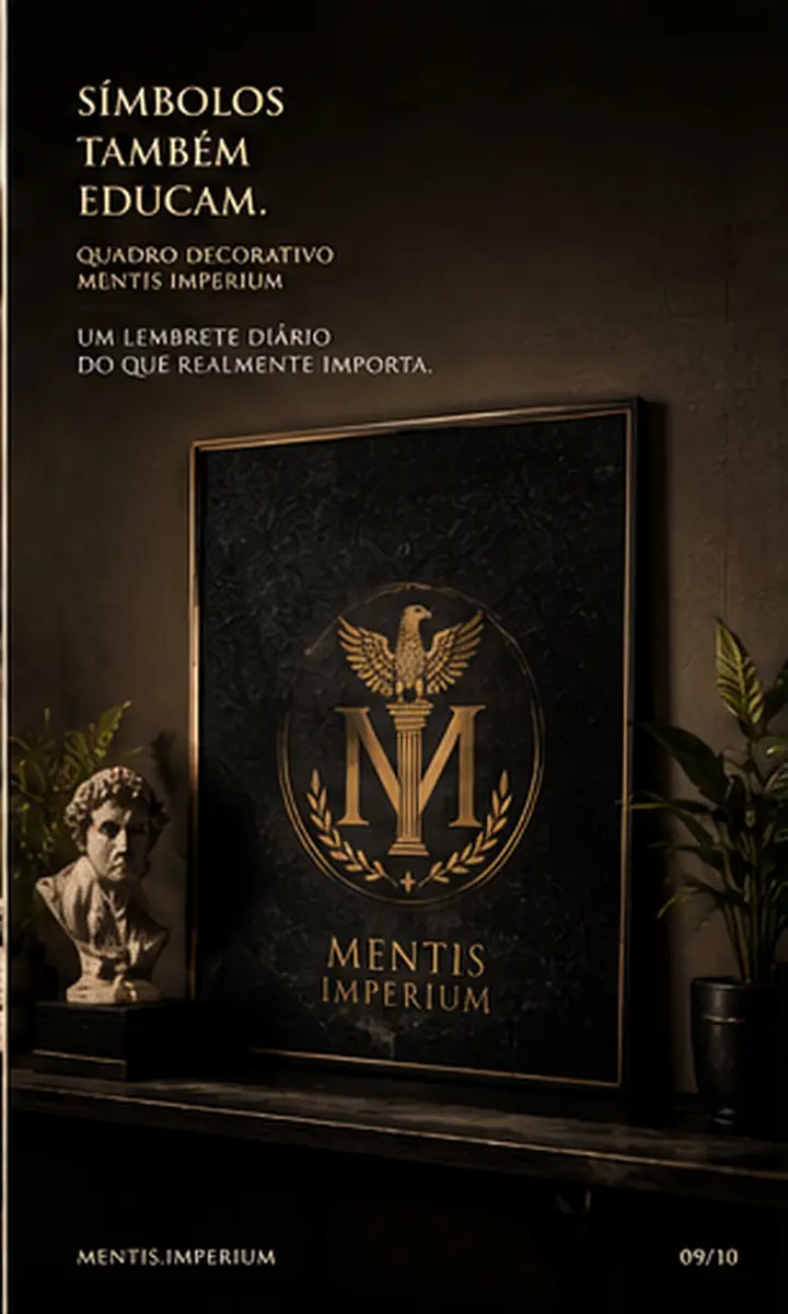 Quadro preto Mentis com emblema dourado em ambiente clássico